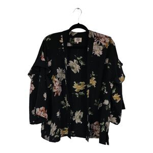 Oboe Women's Kimono Top Black Color Floral Short Sleeve Open Front Blouse OS